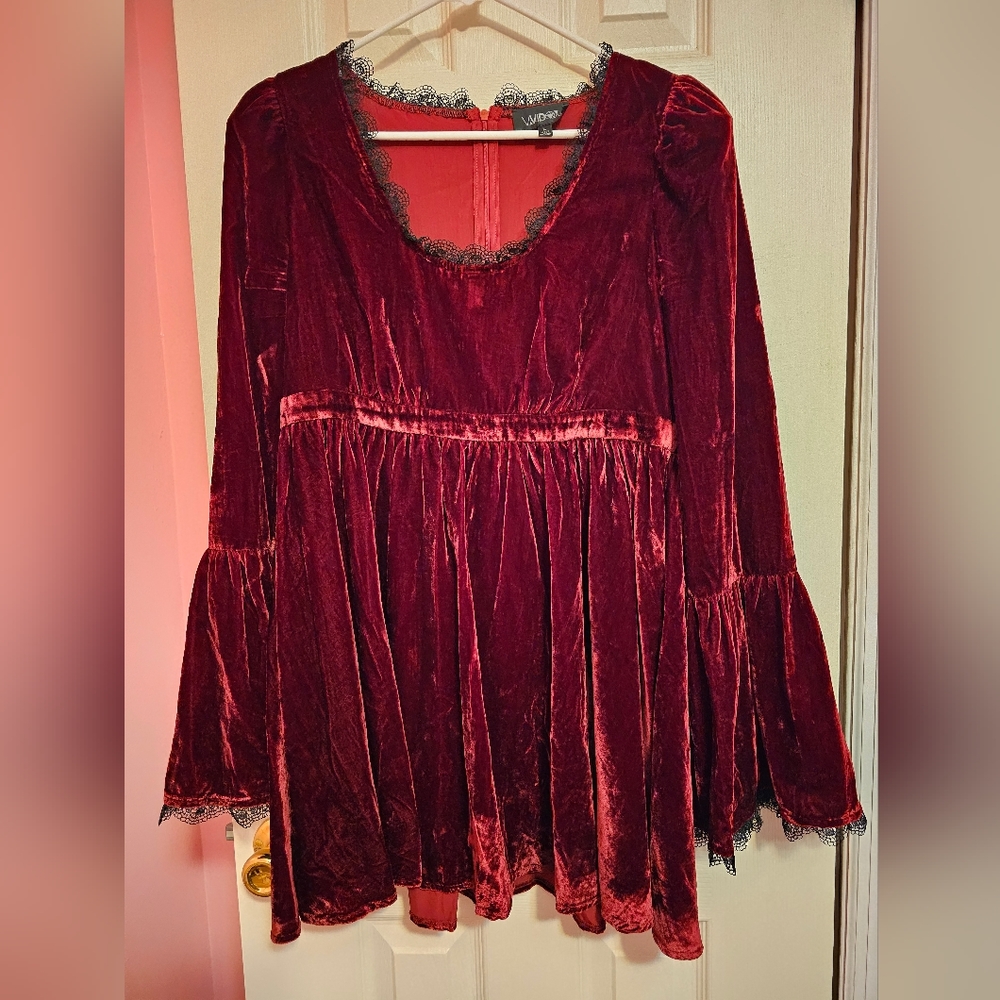 Velvet red wine color dress with black lace on neck and sleeves